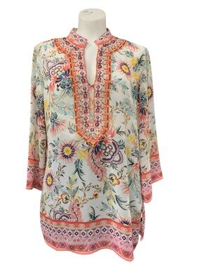 Pia Rossini Floral V-Neck Cream Tunic with Coral Trim Size L